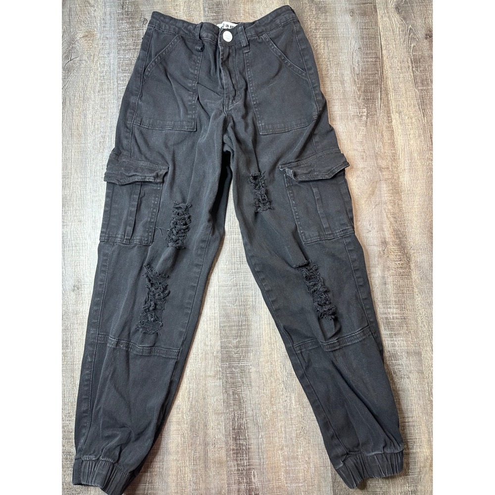 Kreamy Black Distressed Cargo Joggers Women Small Utility Streetwear High Rise